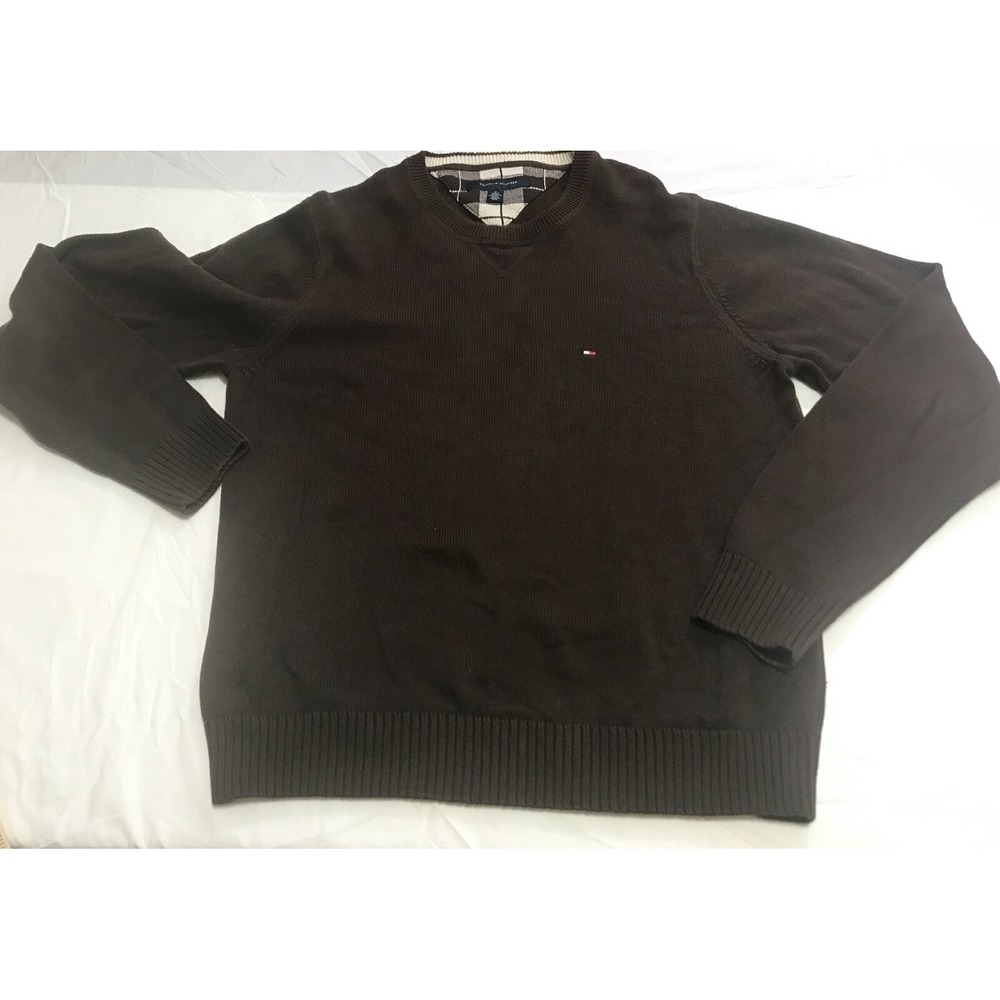 Vintage Tommy Hilfiger Sweater Men Medium Dark Brown Logo Knitted Jumper